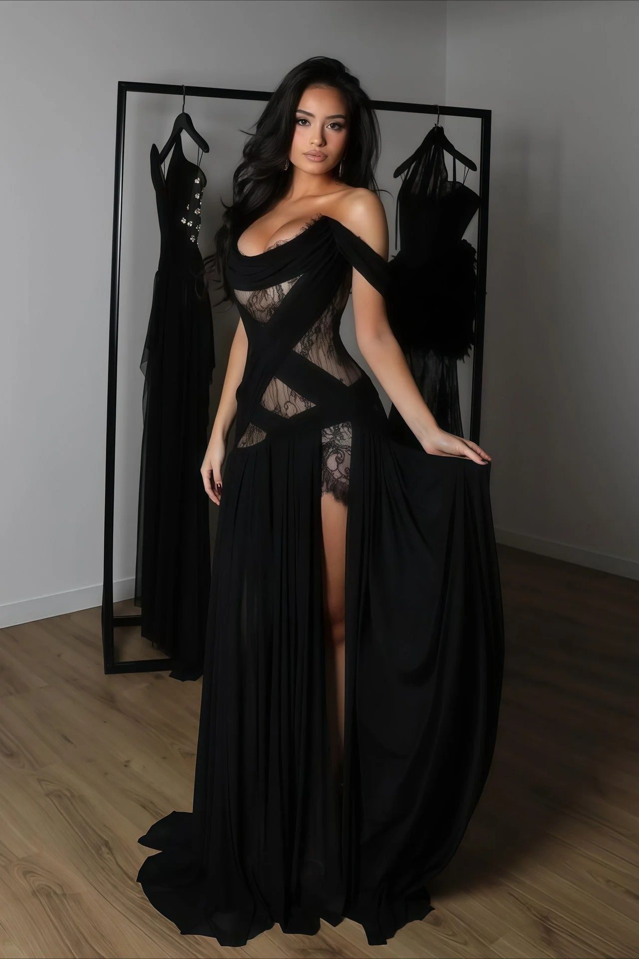 Sexy Lace Patchwork Cutout Sheer Slit Maxi Dress - Image 3