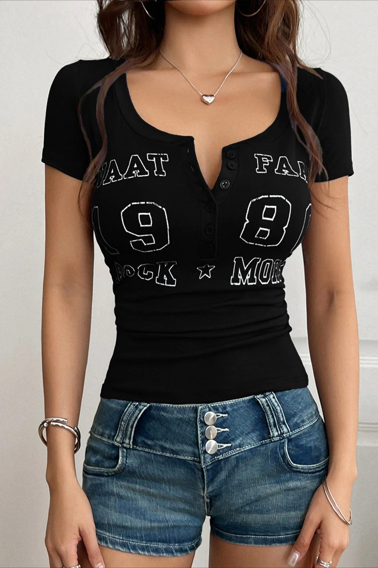 Sexy Letter Print V Neck Slim T-shirt - Image 11