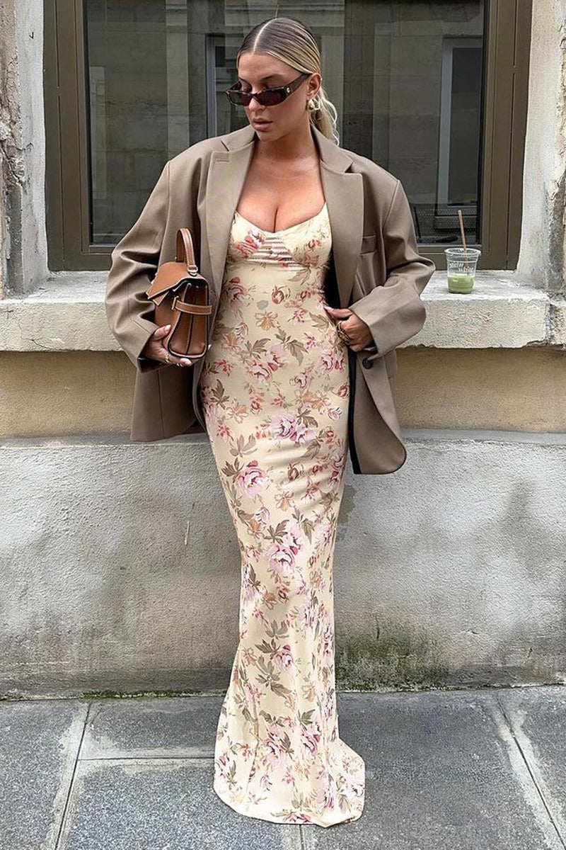 Sexy Low Cut U-Neck Floral Print Slit Cami Maxi Dress - Image 3