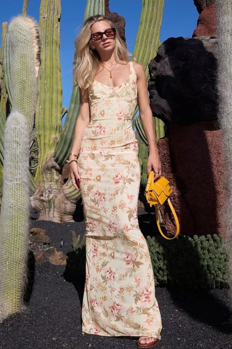Sexy Low Cut U-Neck Floral Print Slit Cami Maxi Dress - Image 4