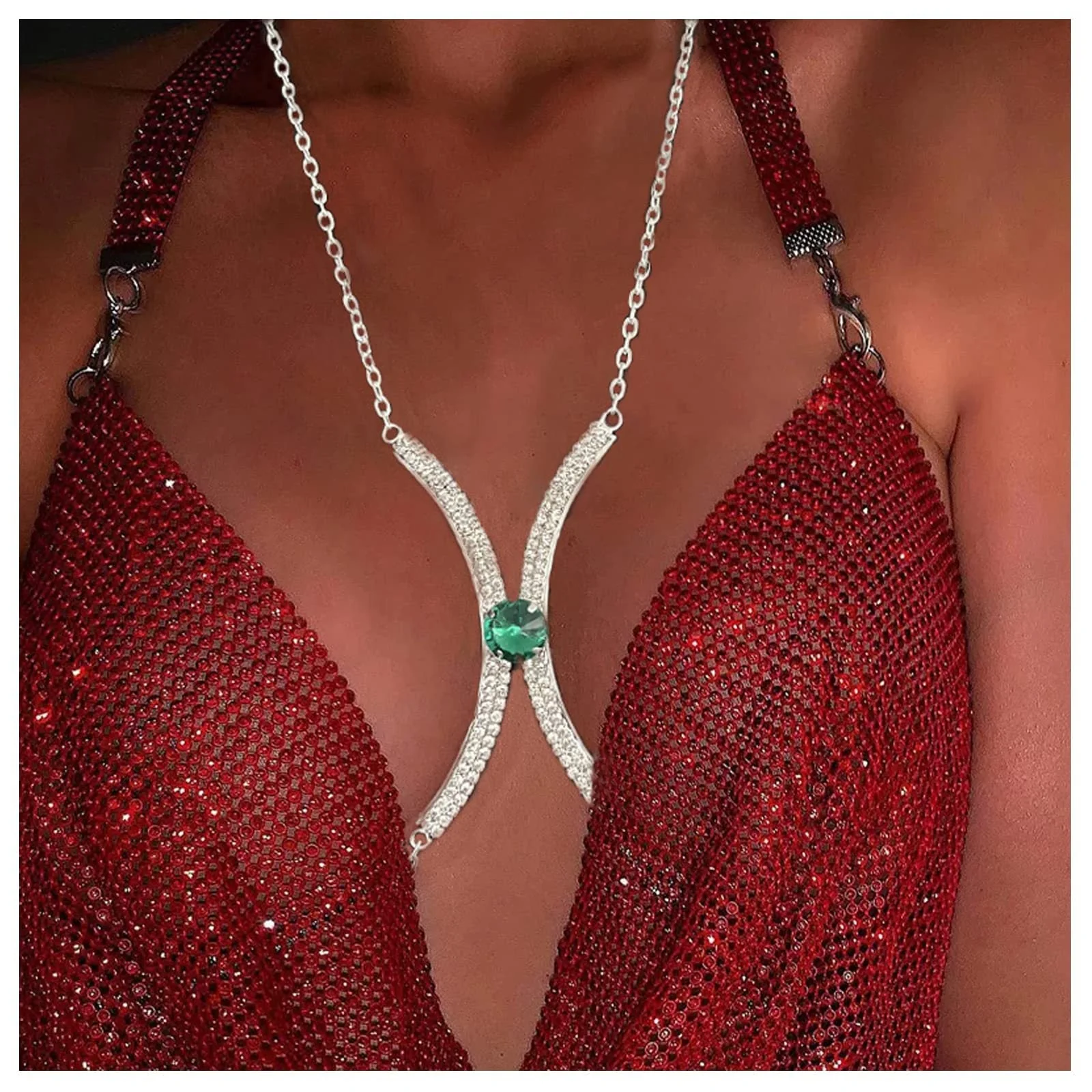 Sexy Minimalist Full Rhinestone Gem Chest Body Chain - Image 2