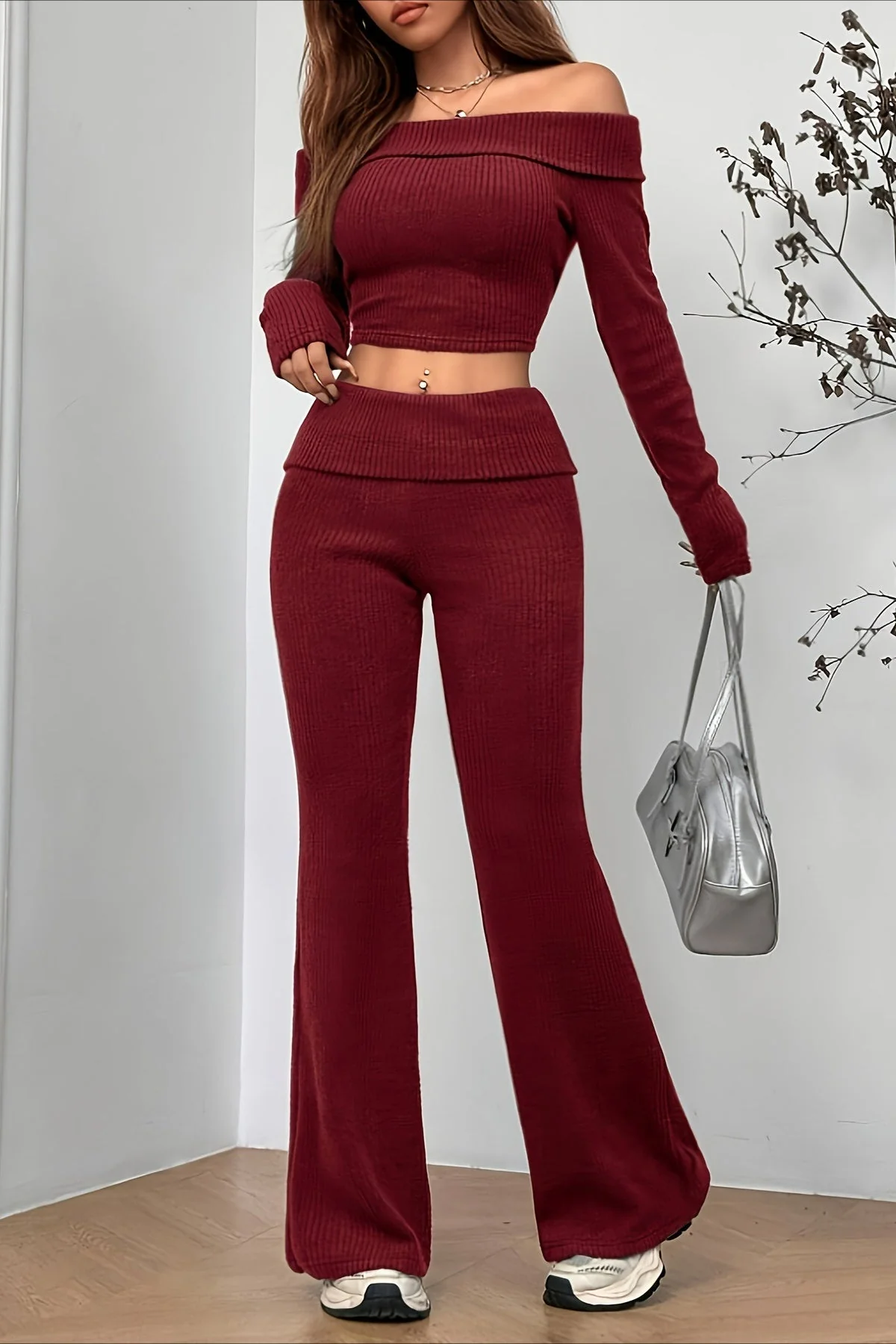 Sexy Off-Shoulder Fitted Crop Top Pants Two Piece Set - Image 3