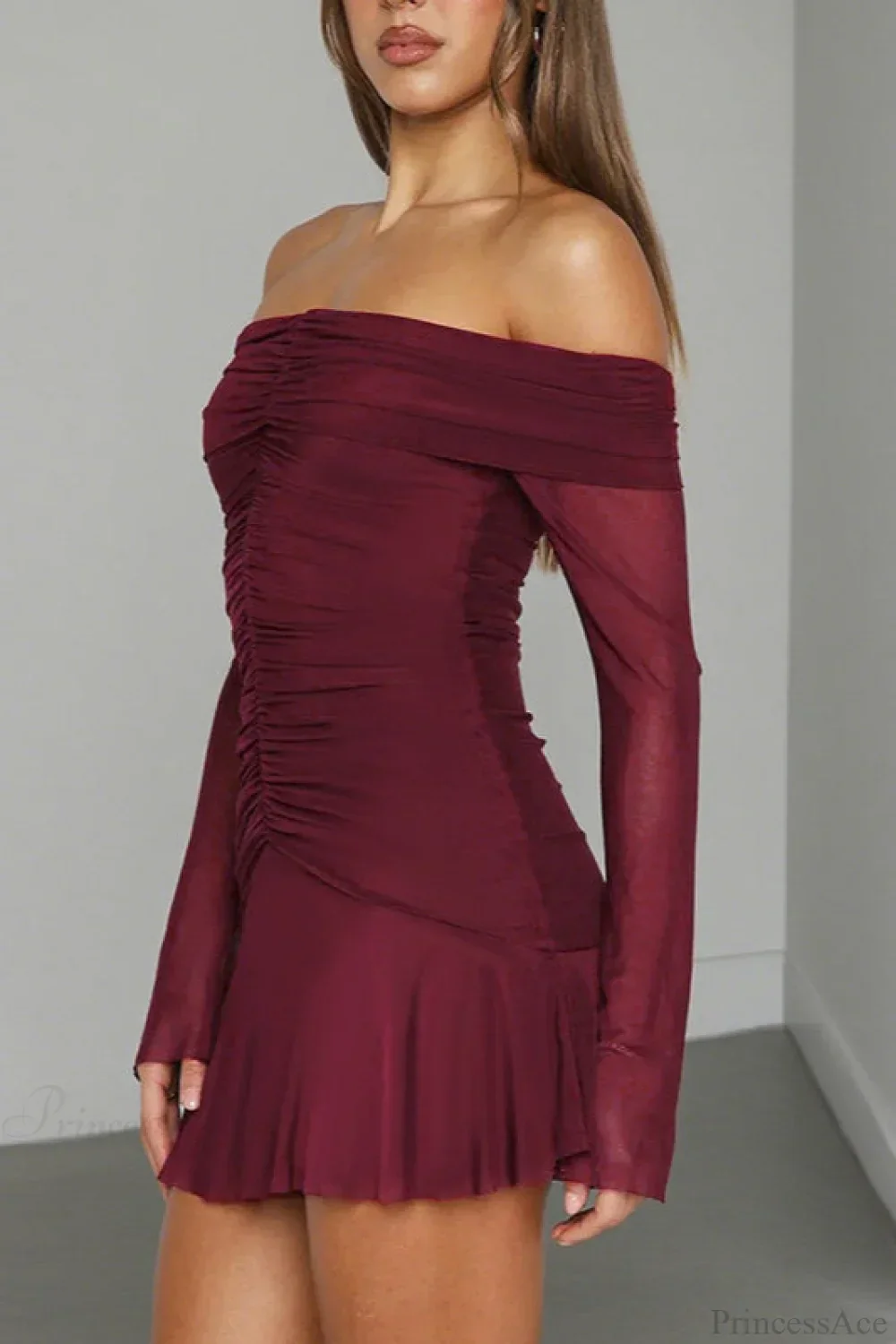 Sexy Off Shoulder Ruched Ruffle Long Sleeve Mini Dress - Image 2