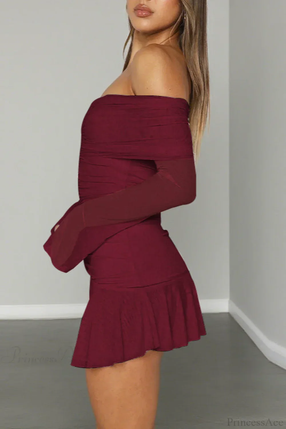 Sexy Off Shoulder Ruched Ruffle Long Sleeve Mini Dress - Image 3