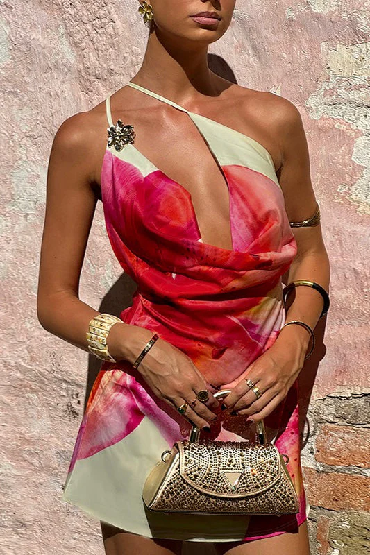 Sexy Printed Cowl Neck One Shoulder Mini Dress - Image 10