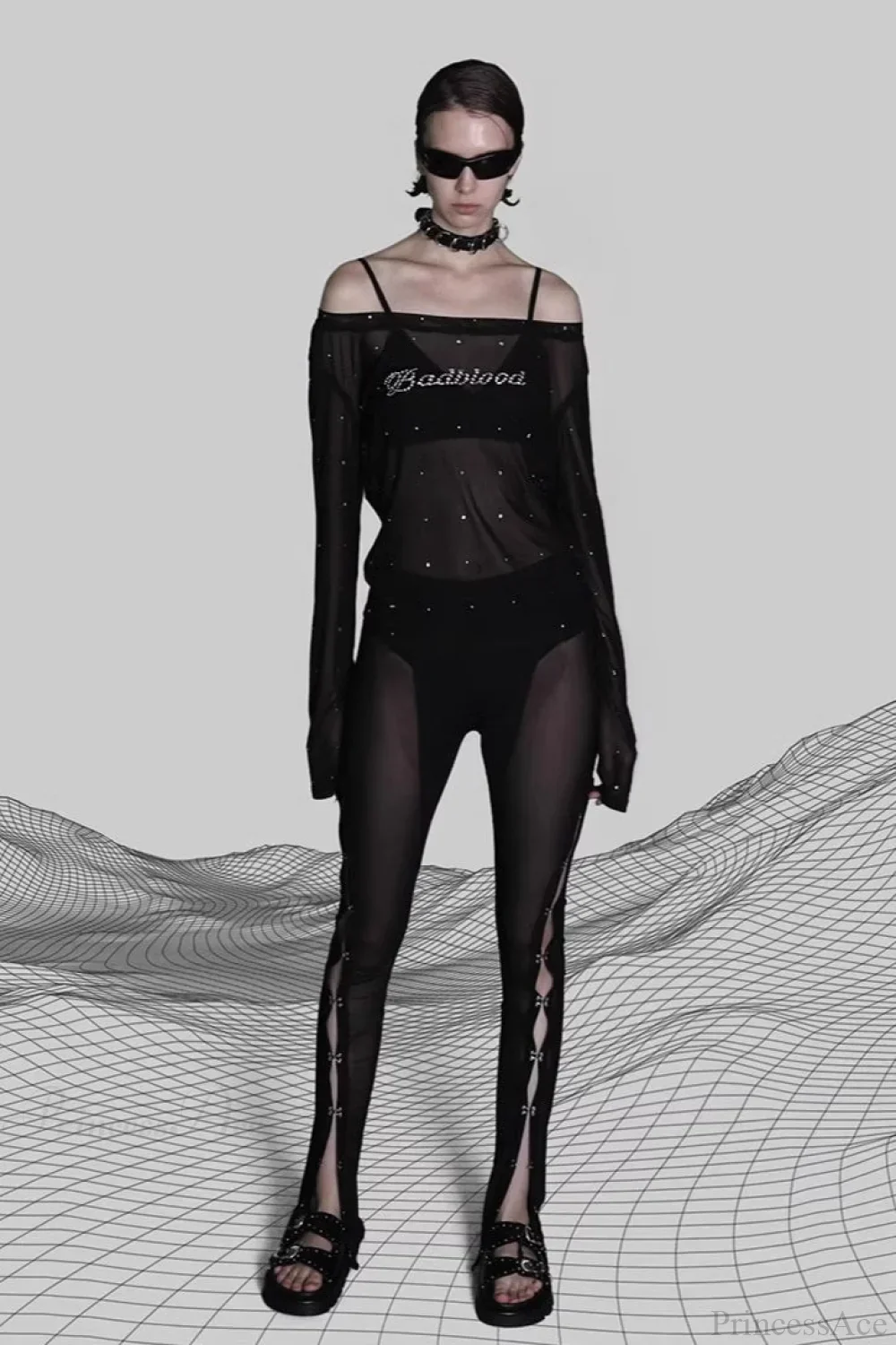Sexy Rhinestone Embellished Off-the-Shoulder Tulle Blouse - Image 3
