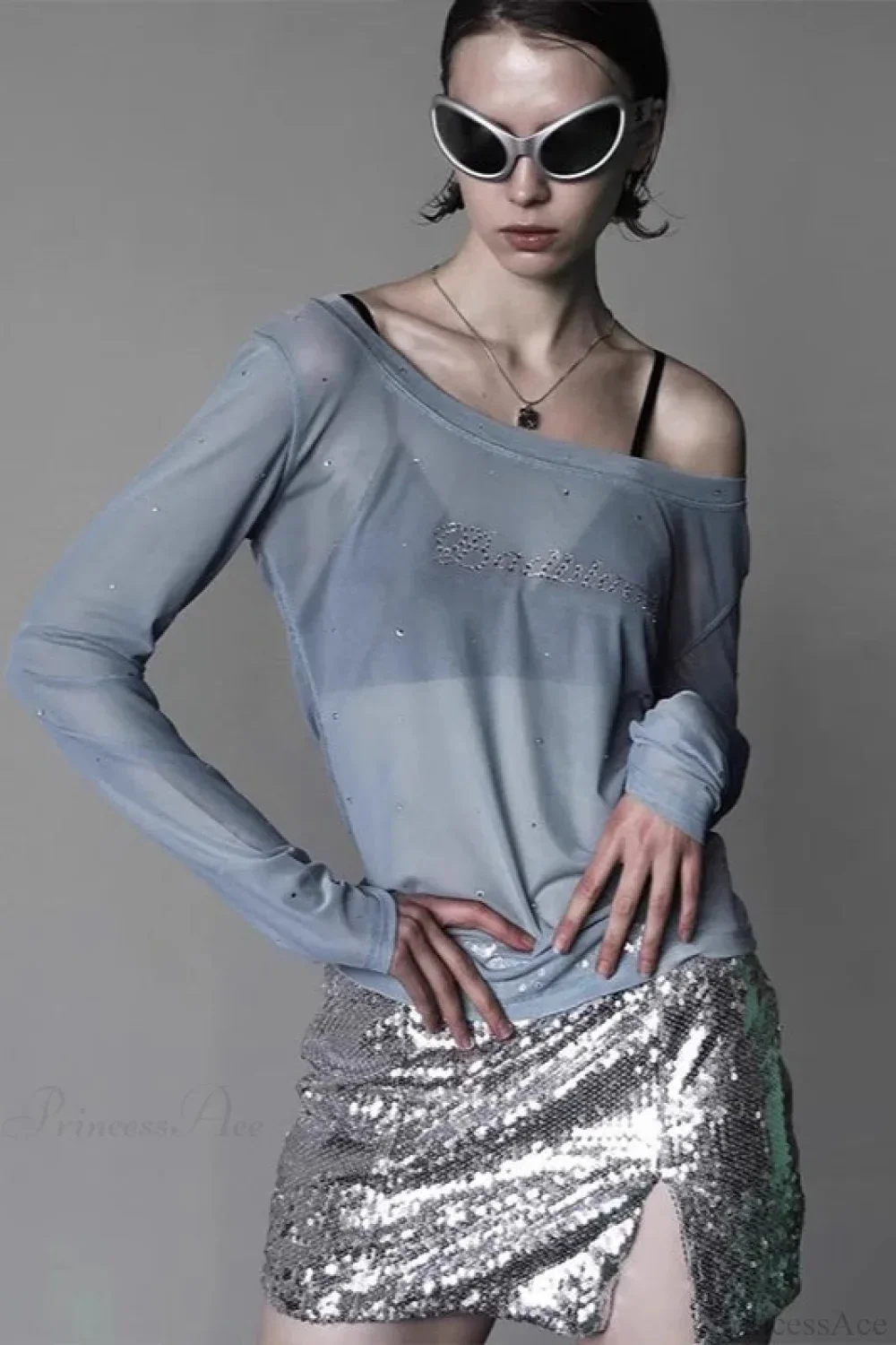Sexy Rhinestone Embellished Off-the-Shoulder Tulle Blouse - Image 4