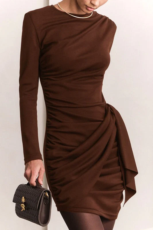 Sexy Ruched Bandage Fitted Bodycon Round Neck Mini Dress - Image 2