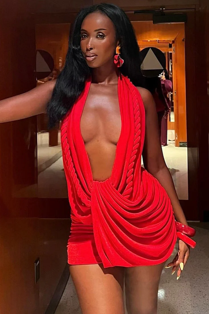 Sexy Ruched Solid Halter Deep V Backless Bodycon Mini Dress - Image 4