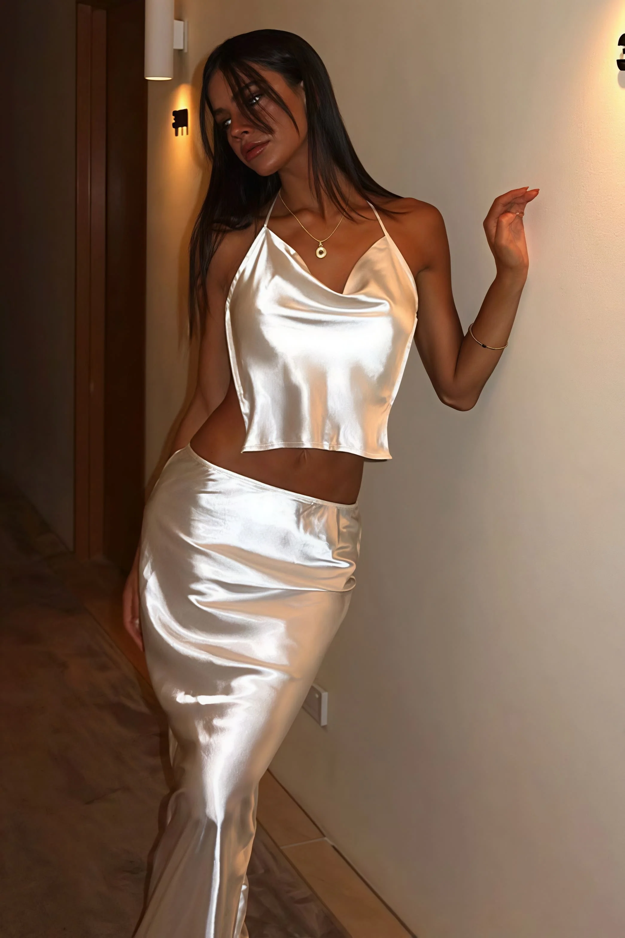 Sexy Satin Halter Backless Maxi Skirt Set - Image 2