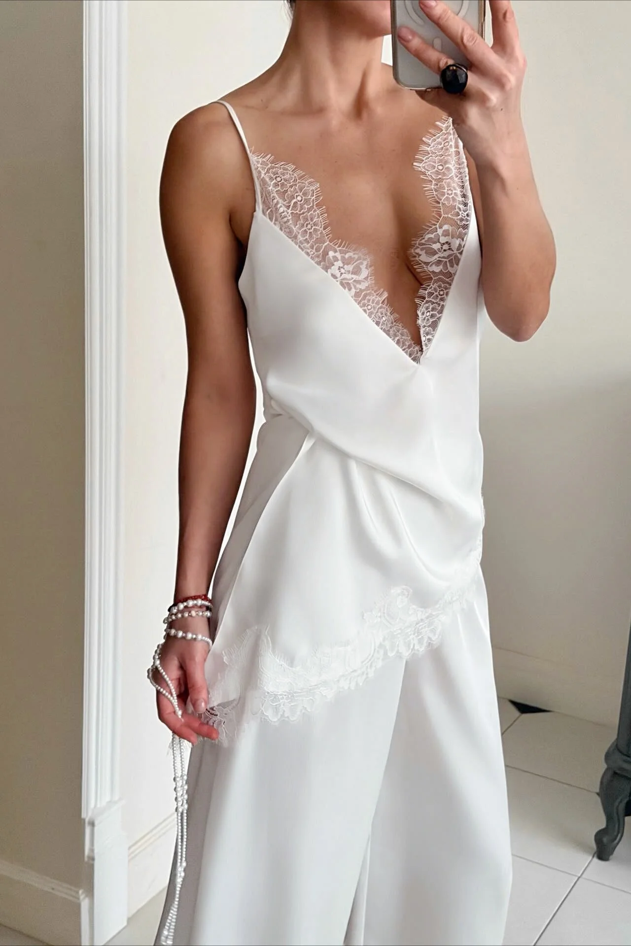 Sexy Satin V Neck Lace Slit Cami Top - Image 3
