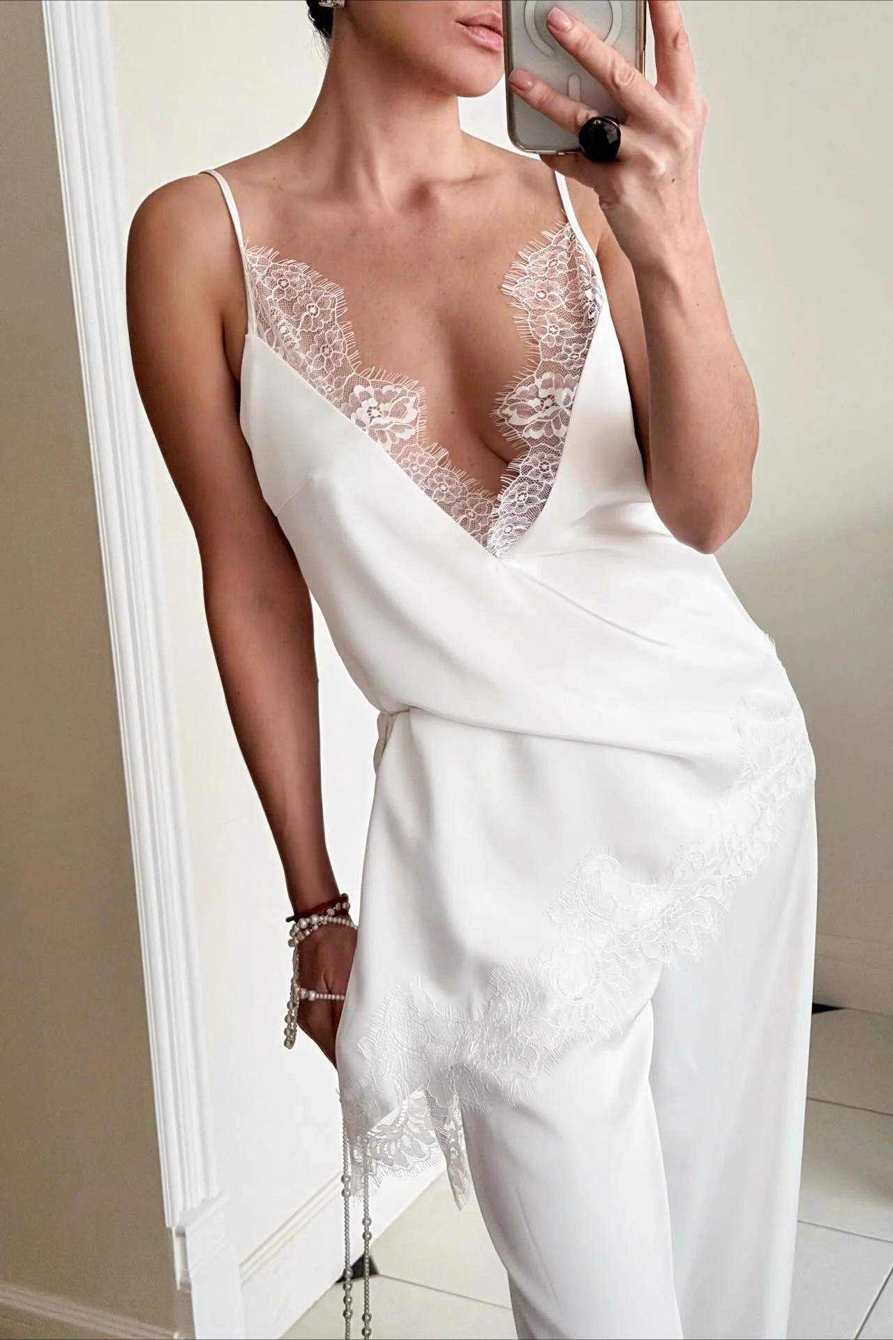 Sexy Satin V Neck Lace Slit Cami Top - Image 4