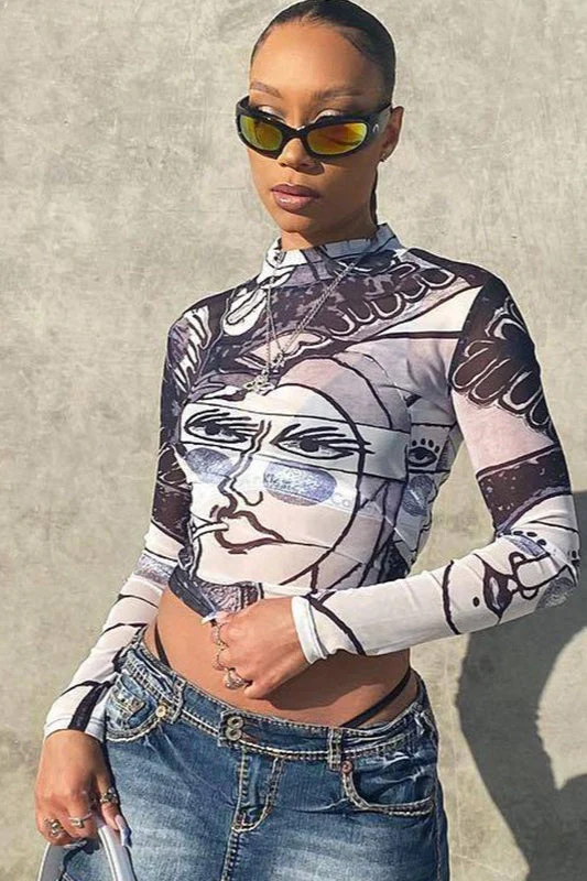 Sexy Sheer Mesh Print Round Neck Long Sleeve Blouse - Image 2
