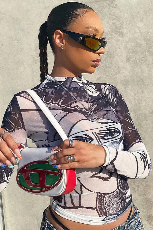 Sexy Sheer Mesh Print Round Neck Long Sleeve Blouse - Image 3