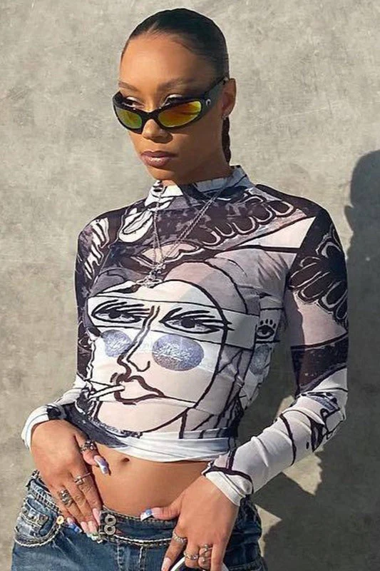 Sexy Sheer Mesh Print Round Neck Long Sleeve Blouse - Image 4