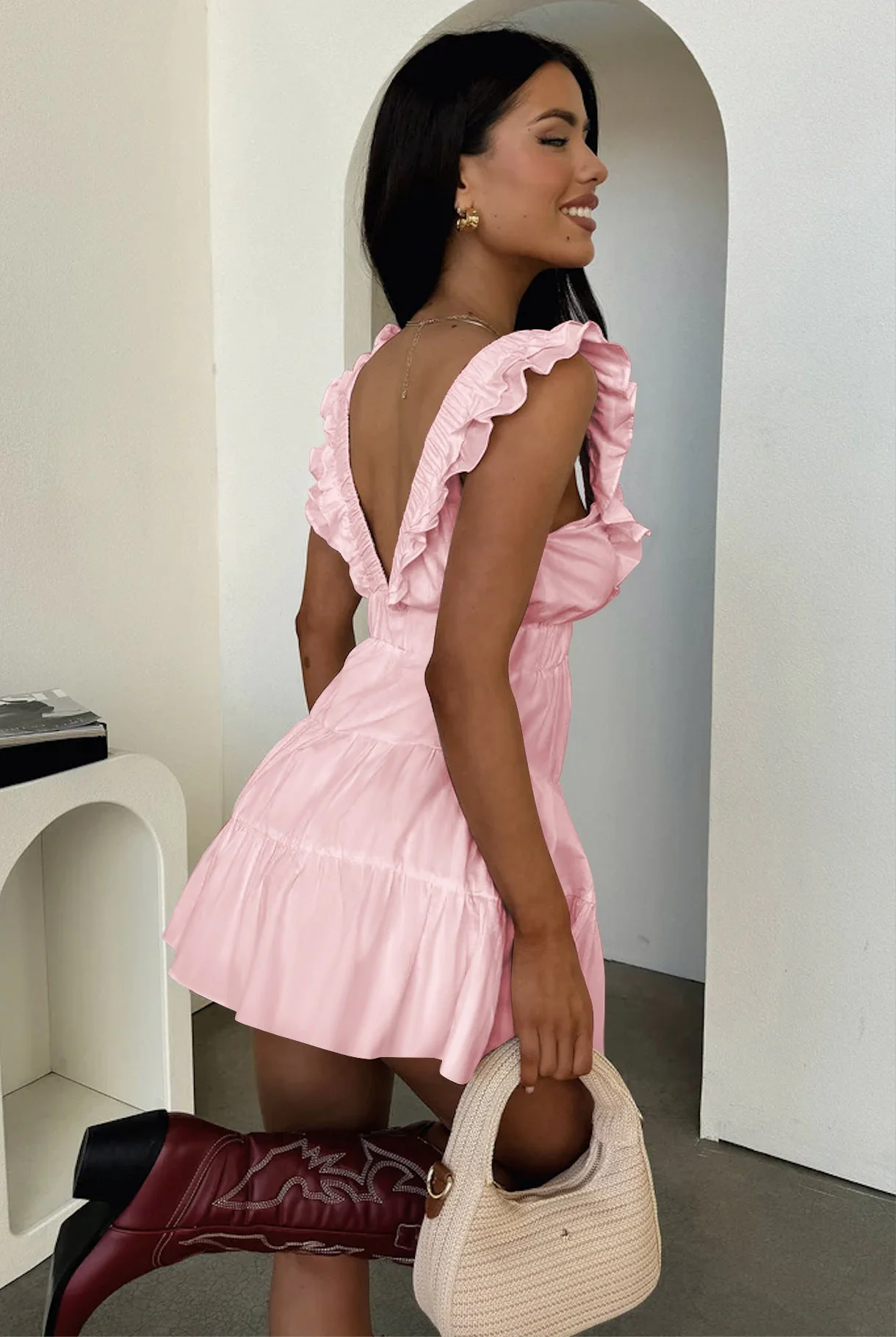 Sexy Sleeveless Deep V Ruffle Mini Dress - Image 4