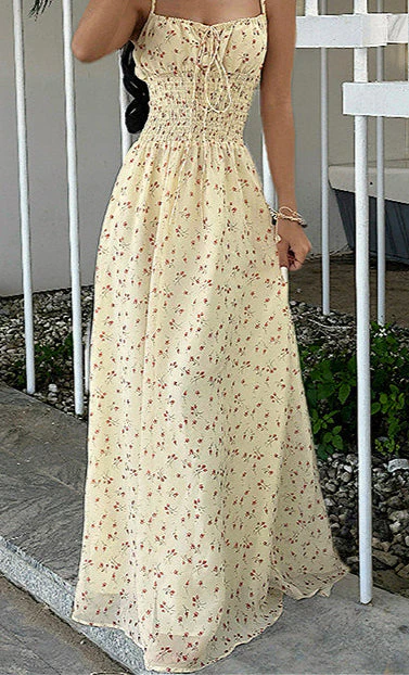 Sexy Smocked V Neck High Waist A Line Maxi Cami Floral Dress - Image 3