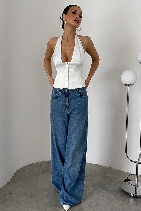Sexy Solid Button Down Deep V Halter Top - Image 3