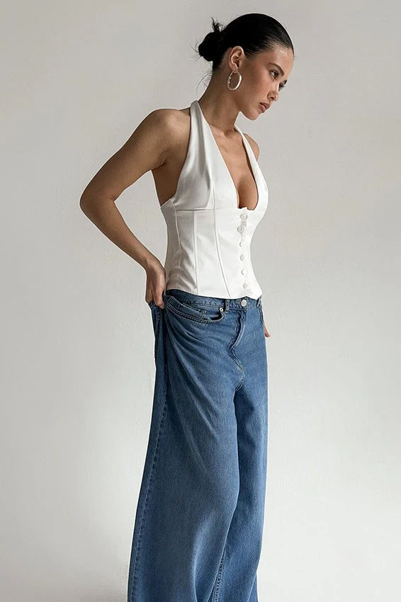 Sexy Solid Button Down Deep V Halter Top - Image 4