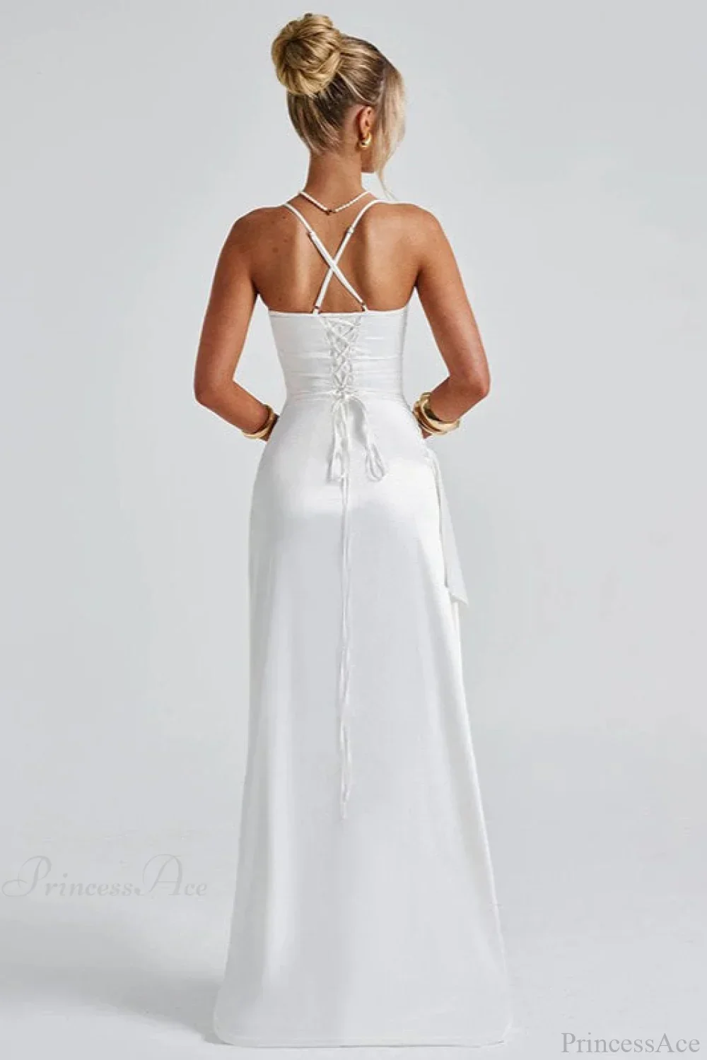 Sexy Solid Spaghetti Strap Back Tie Slit Evening Dress - Image 3