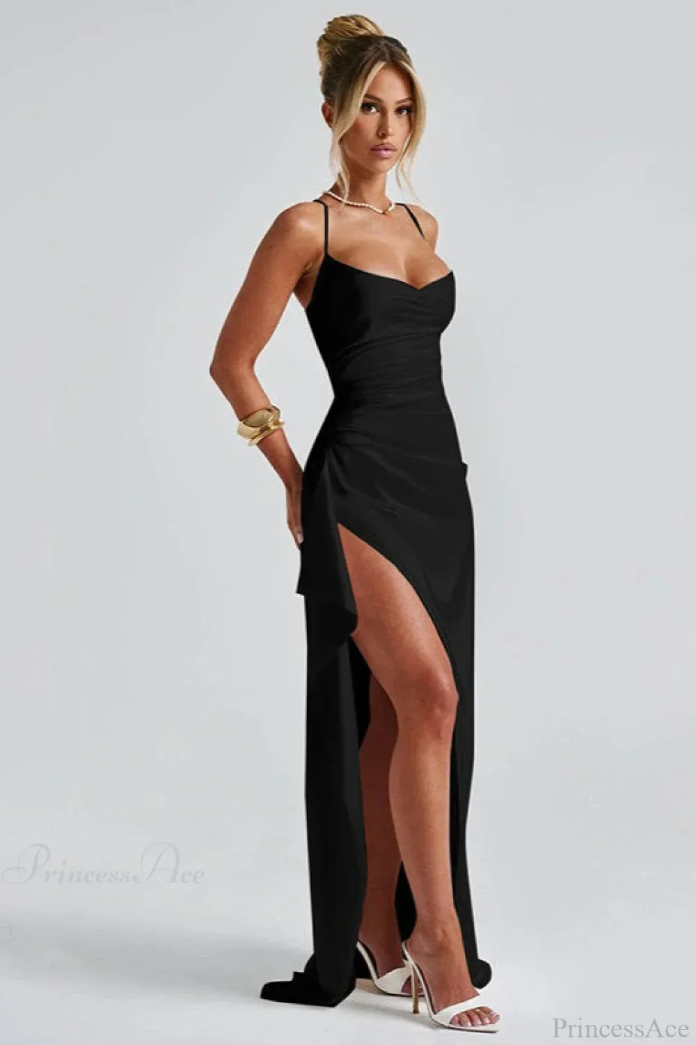 Sexy Solid Spaghetti Strap Back Tie Slit Evening Dress - Image 5