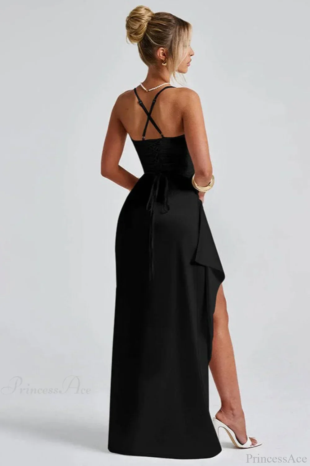 Sexy Solid Spaghetti Strap Back Tie Slit Evening Dress - Image 6