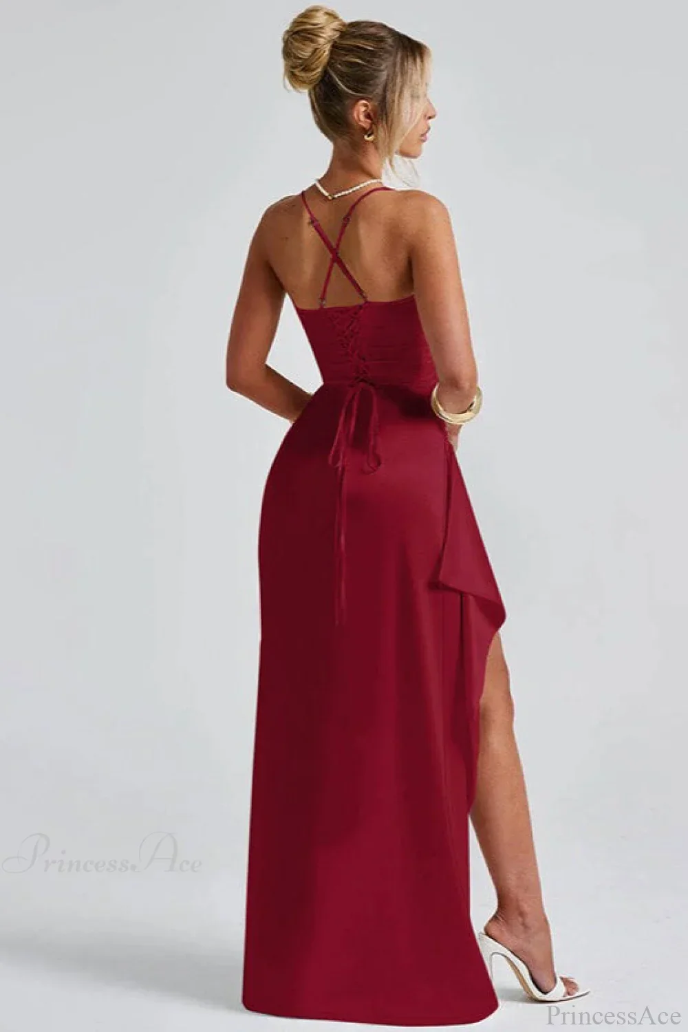 Sexy Solid Spaghetti Strap Back Tie Slit Evening Dress - Image 8