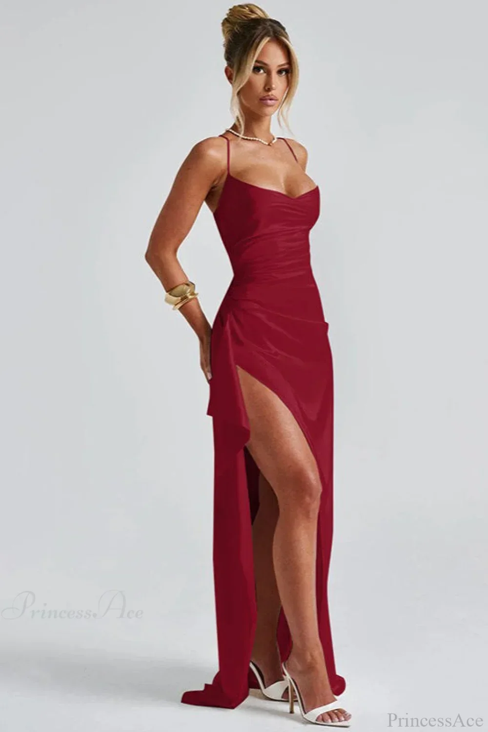 Sexy Solid Spaghetti Strap Back Tie Slit Evening Dress - Image 9