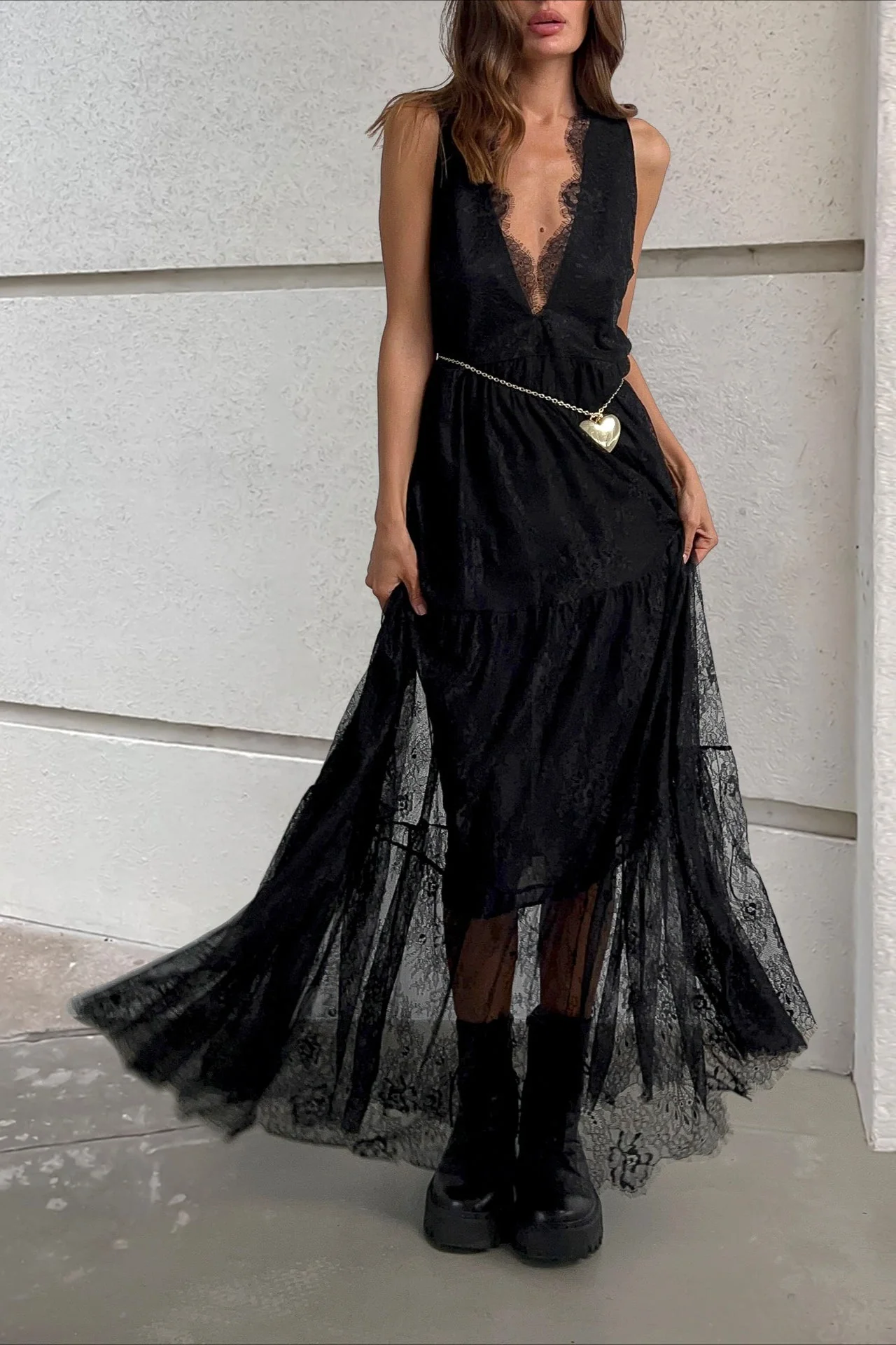 Sexy Solid V Neck Loose Lace Maxi Dress - Image 2