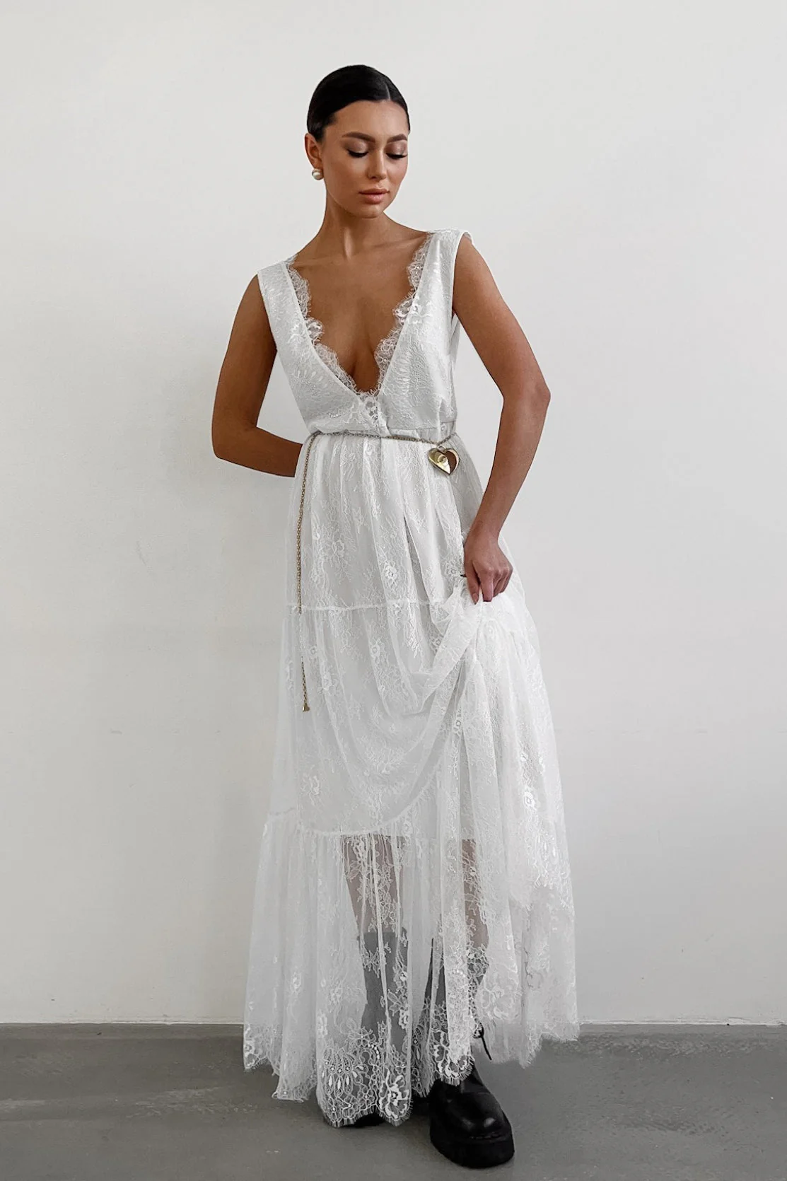 Sexy Solid V Neck Loose Lace Maxi Dress - Image 6