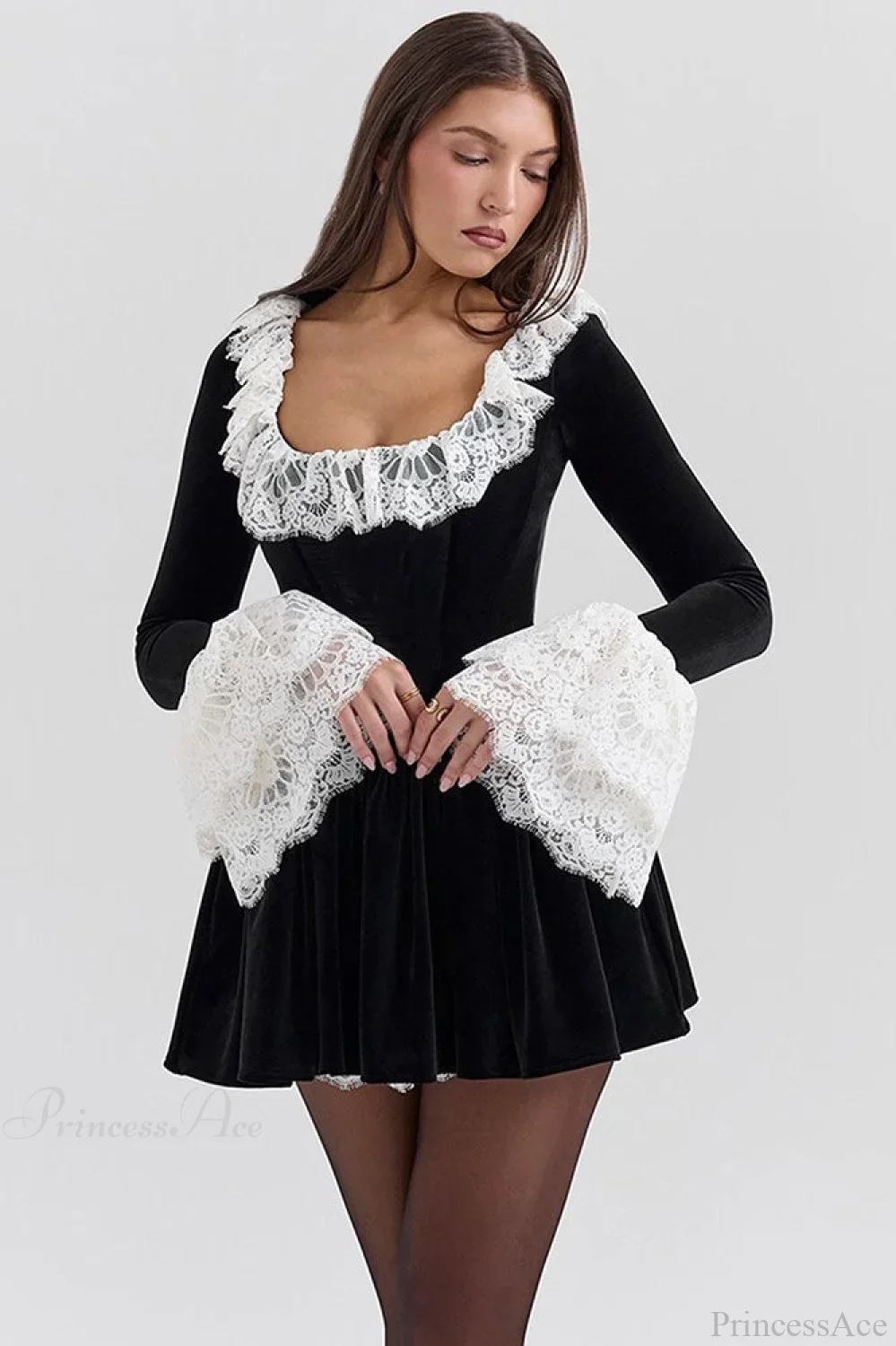 Sexy Square Neck Lace Trim Flared Sleeve Mini Dress - Image 2