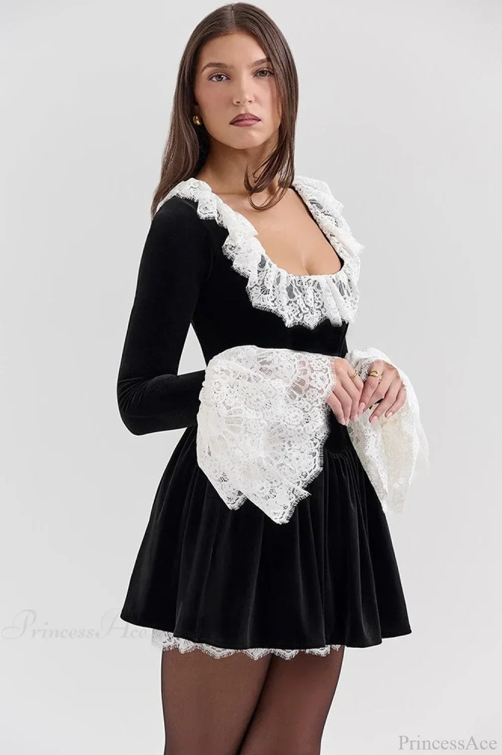 Sexy Square Neck Lace Trim Flared Sleeve Mini Dress - Image 3