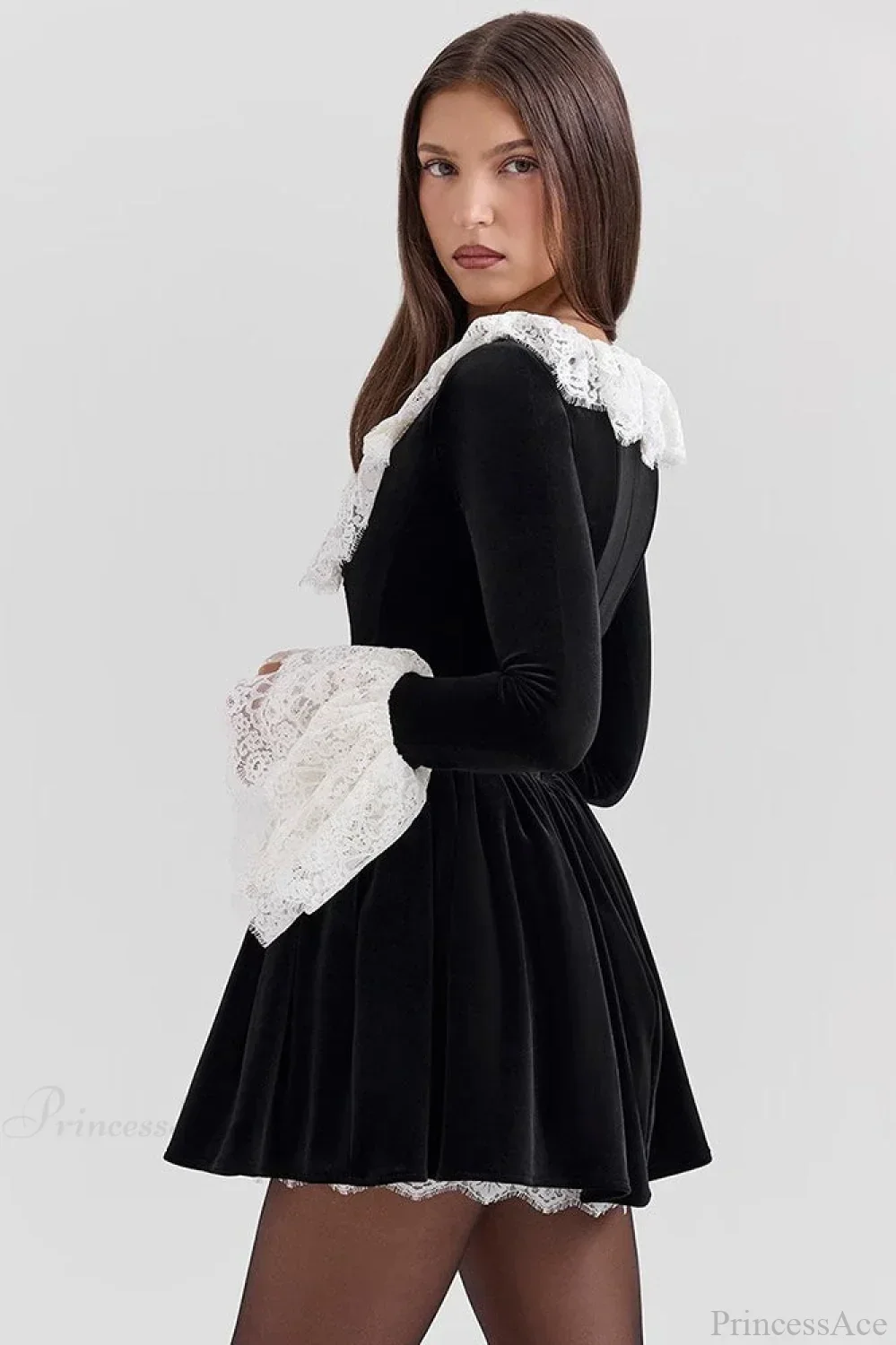 Sexy Square Neck Lace Trim Flared Sleeve Mini Dress - Image 4