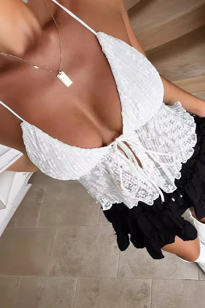 Sexy Tie Ruched Mesh Pleated Halter Top - Image 5