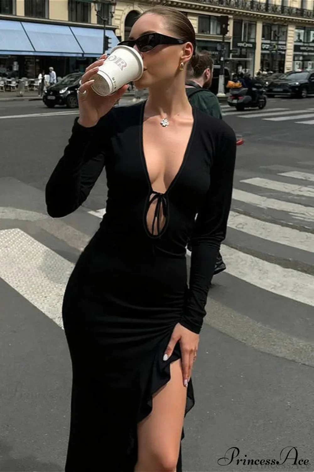 Sexy U Neck Tie Side Slit Long Sleeve Bodycon Maxi Dress - Image 4