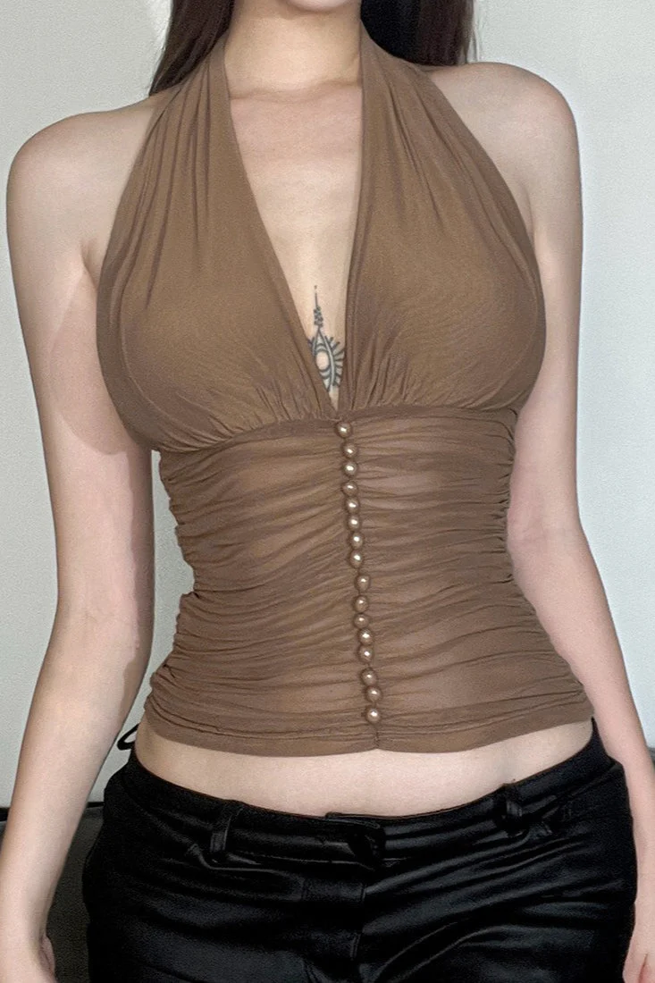 Sexy V Neck Halter Mesh Ruched Tank Top - Image 2