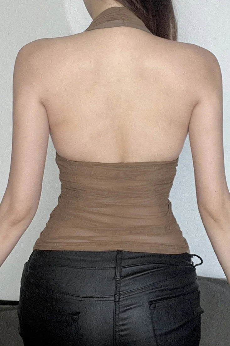 Sexy V Neck Halter Mesh Ruched Tank Top - Image 5