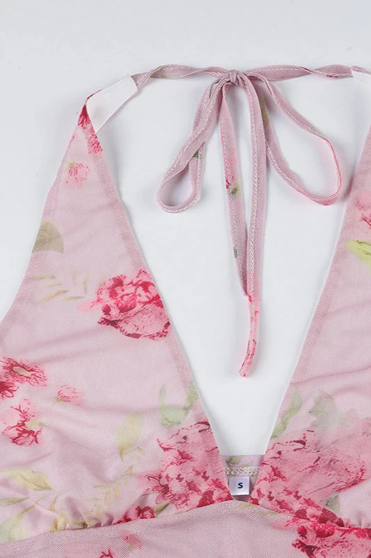 Sexy V Neck Mesh Floral Print Irregular Ruffle Halter Top - Image 5