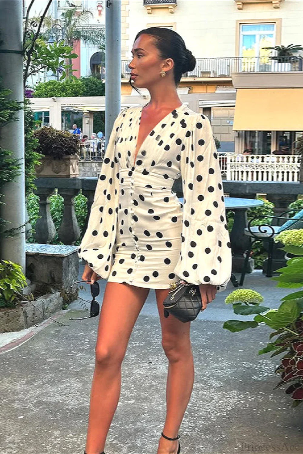 Sexy V Neck Polka Dot Lantern Sleeve Waist Cinching Fitted Mini Dress - Image 2