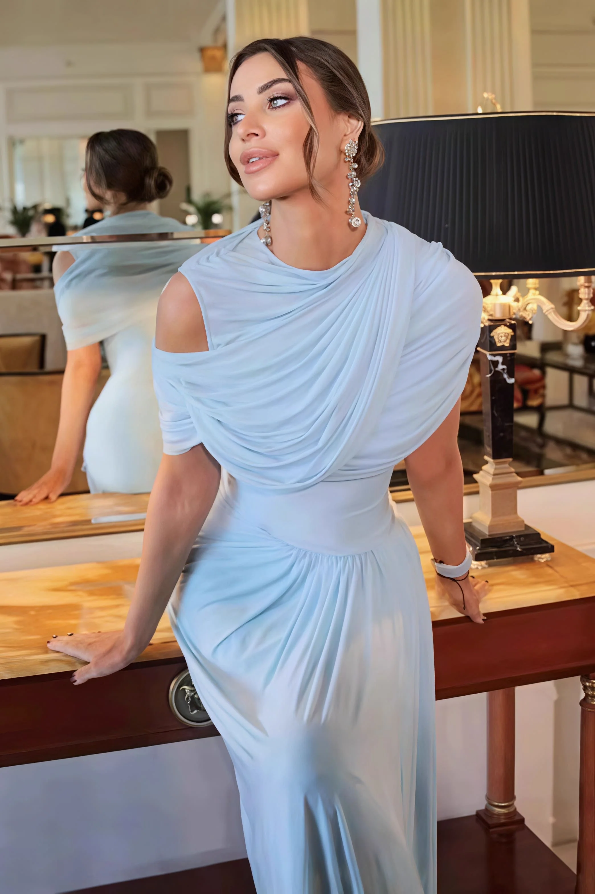 Shawl Ruched Solid Elegant Maxi Dress - Image 3