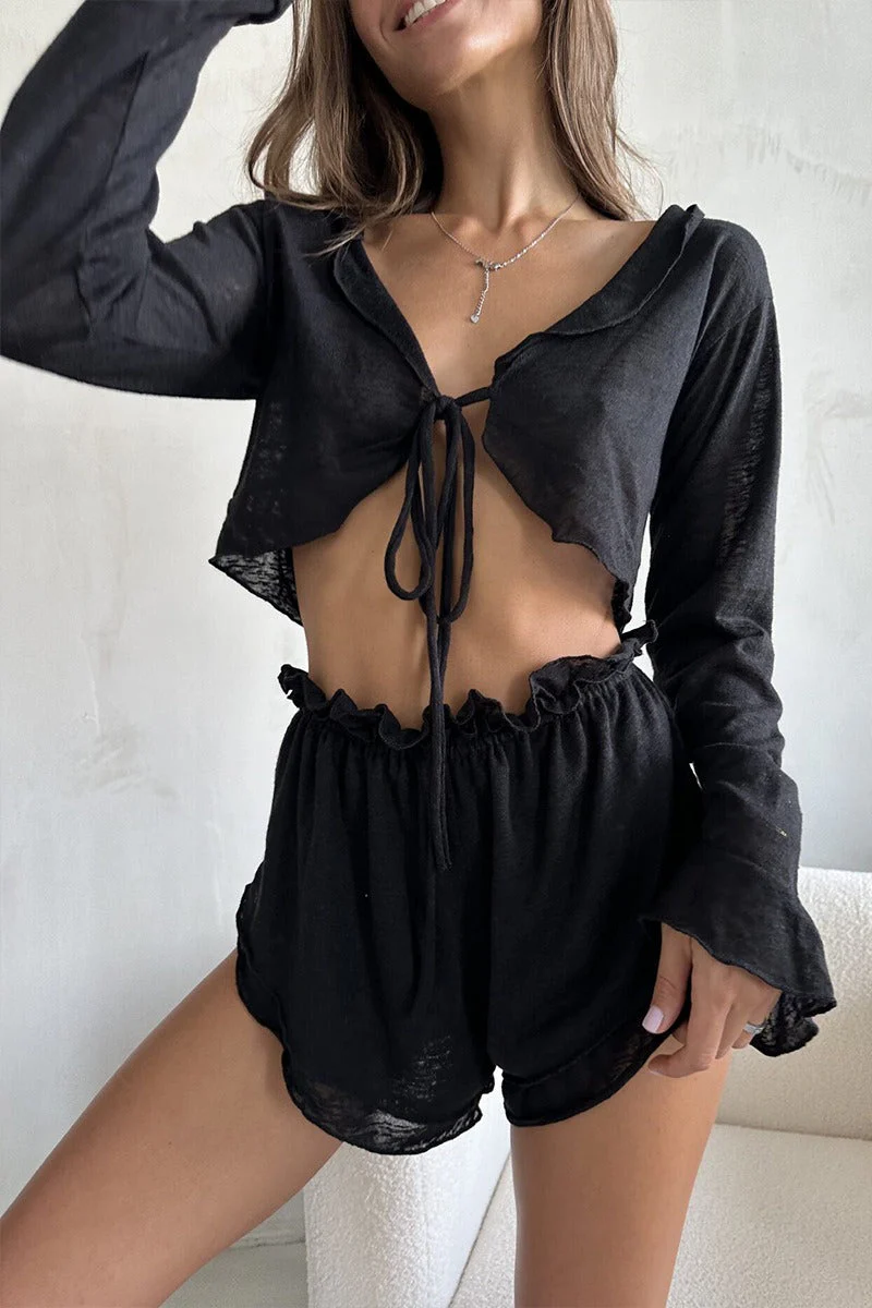 Sheer Knit Tie Front Cardigan Shorts Two Piece Set - Image 10