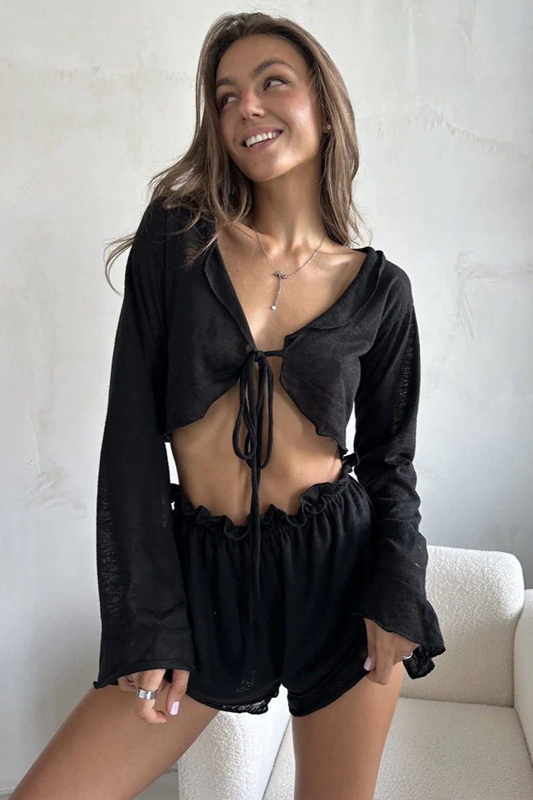 Sheer Knit Tie Front Cardigan Shorts Two Piece Set - Image 8