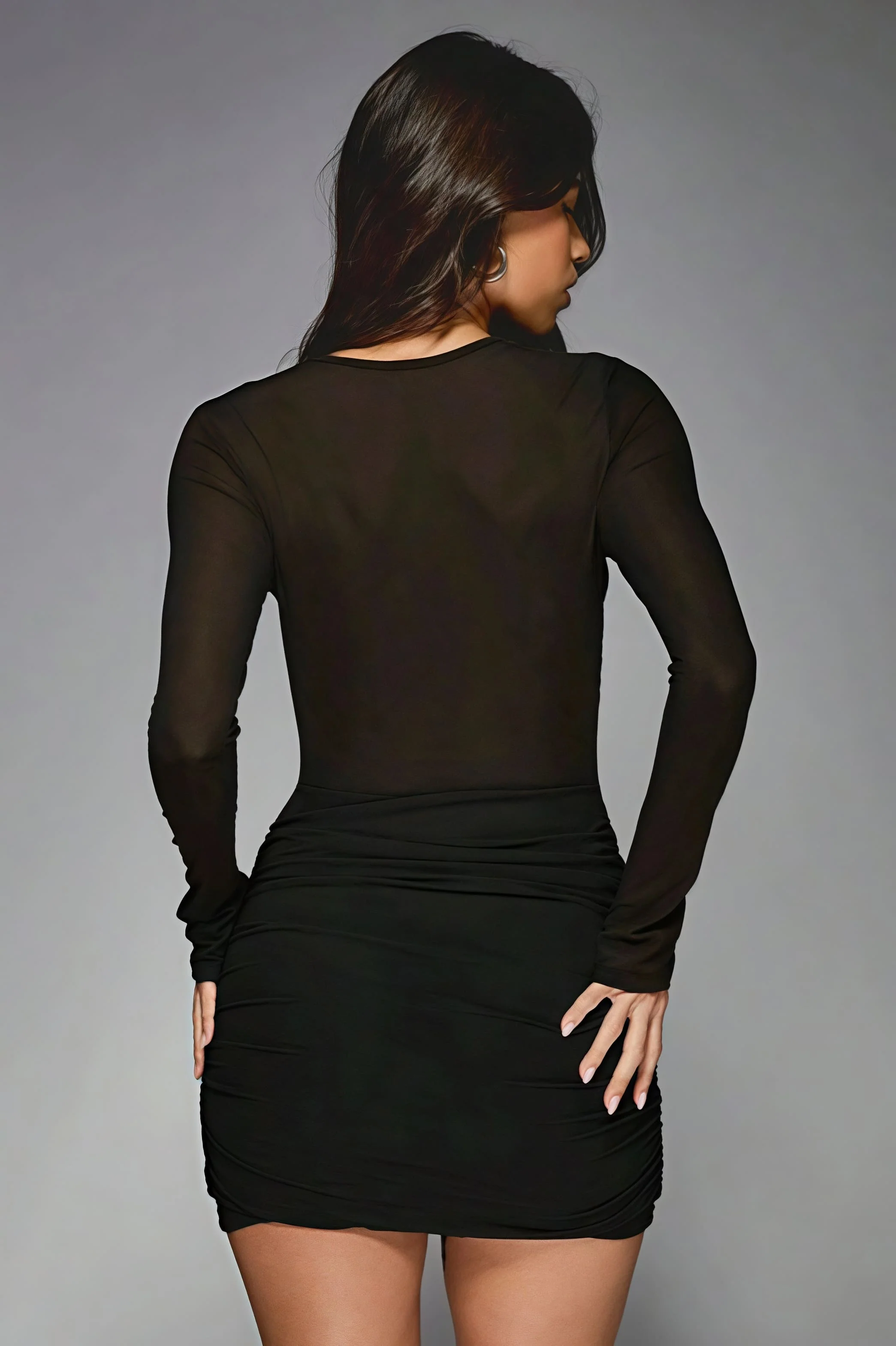 Sheer Mesh Ruched Patchwork Long Sleeve Mini Dress - Image 6