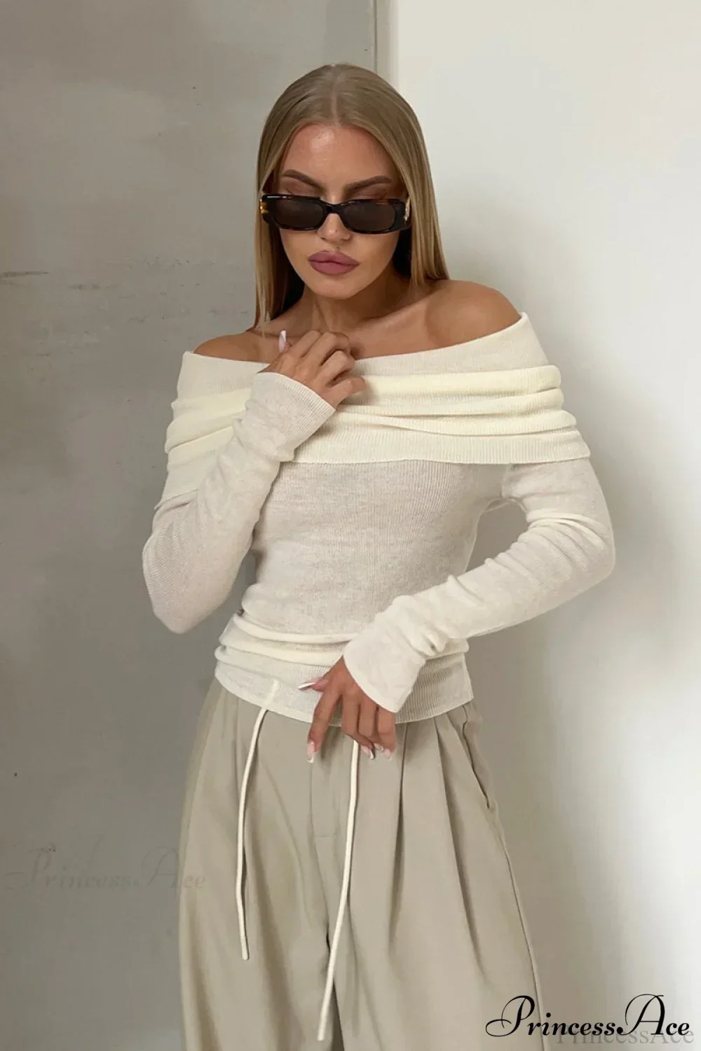 Sheer Off-Shoulder Fitted Solid Pullover Knit Top
