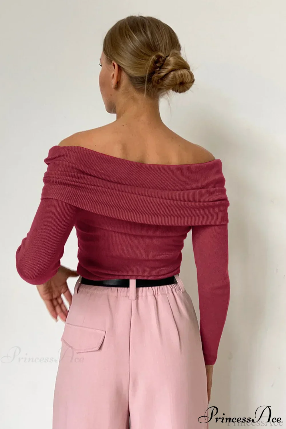 Sheer Off-Shoulder Fitted Solid Pullover Knit Top - Image 10