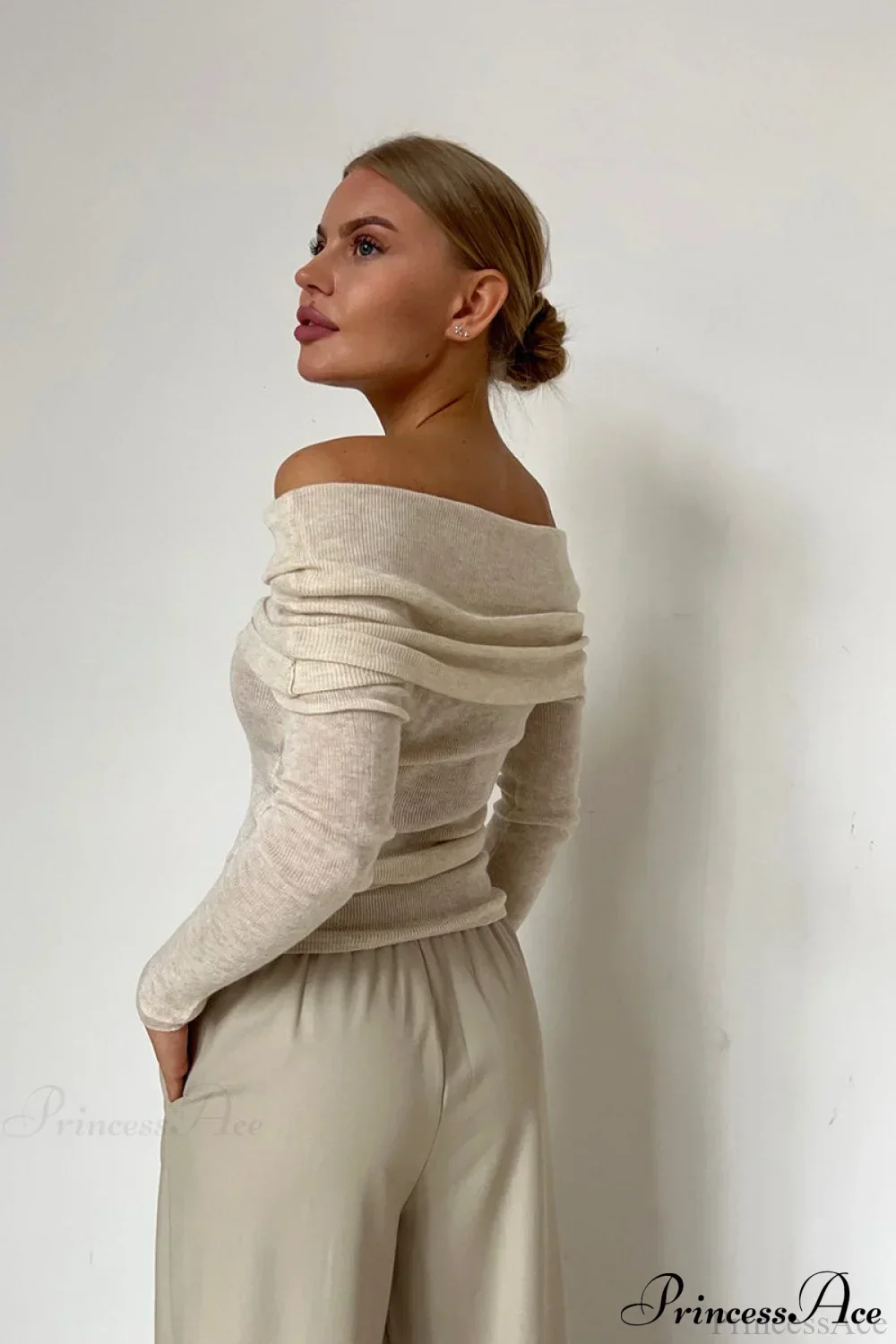 Sheer Off-Shoulder Fitted Solid Pullover Knit Top - Image 14