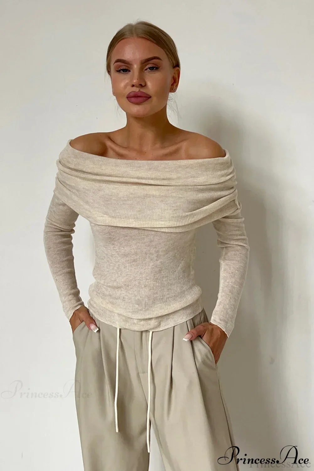 Sheer Off-Shoulder Fitted Solid Pullover Knit Top - Image 15