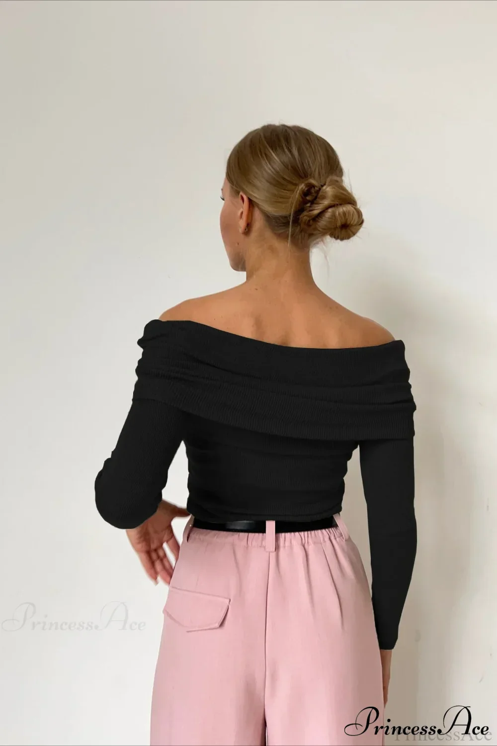 Sheer Off-Shoulder Fitted Solid Pullover Knit Top - Image 18