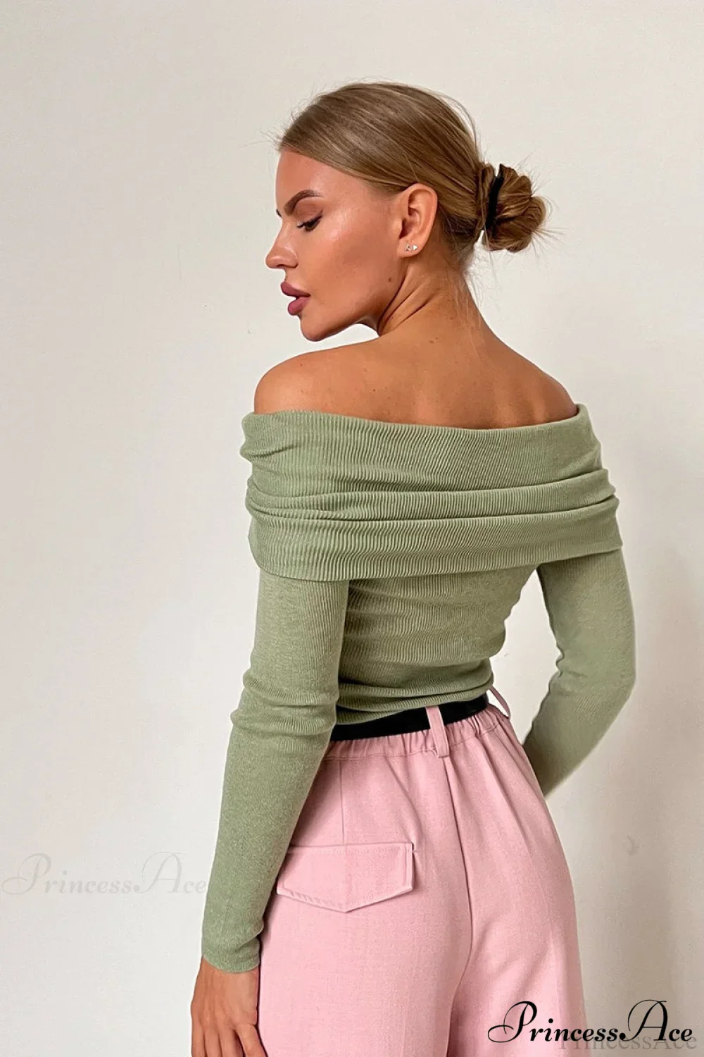 Sheer Off-Shoulder Fitted Solid Pullover Knit Top - Image 6