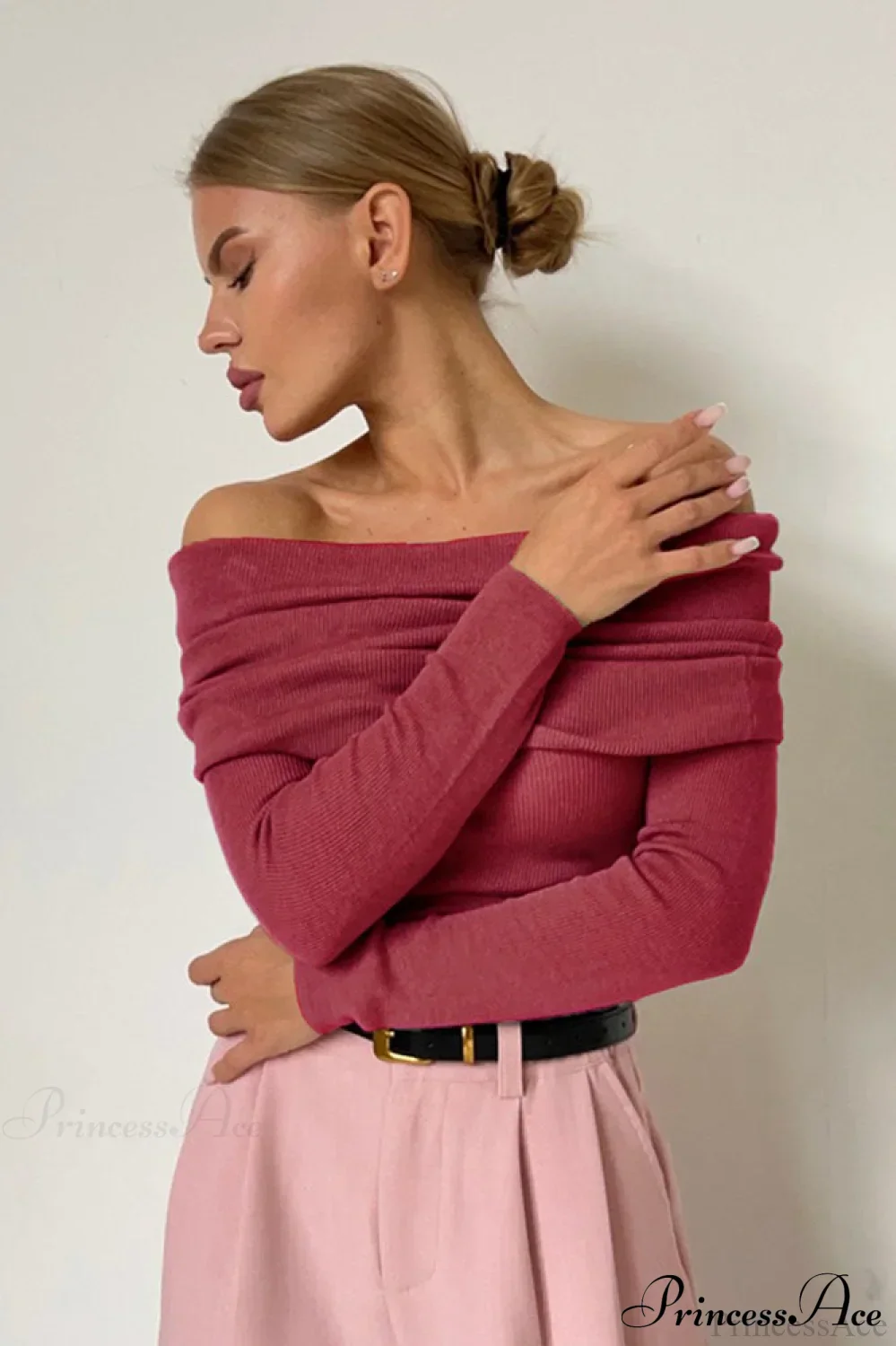 Sheer Off-Shoulder Fitted Solid Pullover Knit Top - Image 8